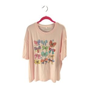 Women's Light Pink Graphic Bow Print T-Shirt Size XL